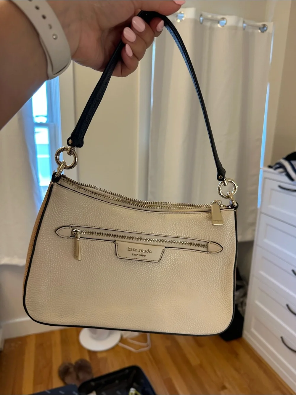kate spade Cream Pebbled Leather Shoulder Bag with Black Strap and Gold Hardware
